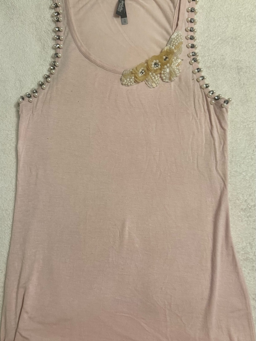 Charlotte Russe Sleeveless Embellished Pink Tank Top with Pearl Flower Detail